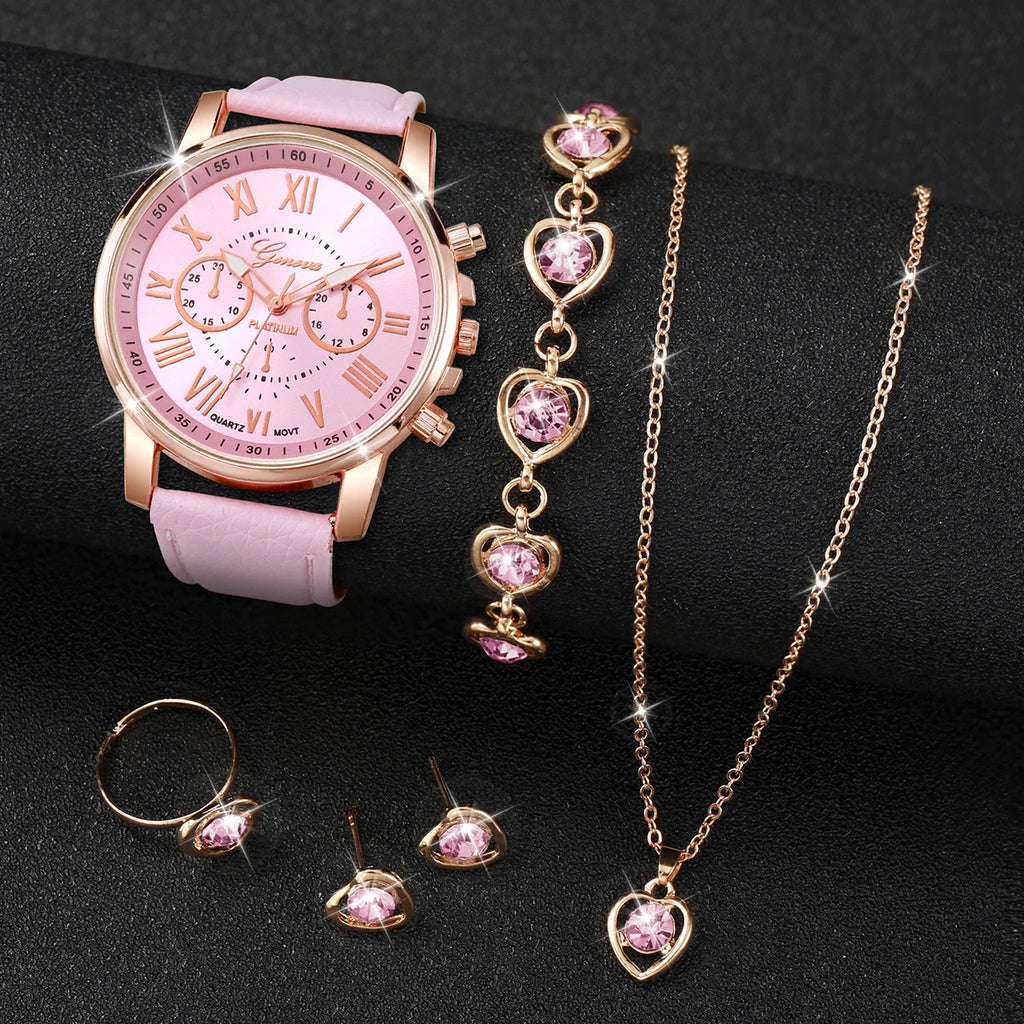 5/6PCS Fashion Women's Quartz Watch Leather Band Analog Wrist Watches Heart Rhinestone Jewelry Set(Without Box)